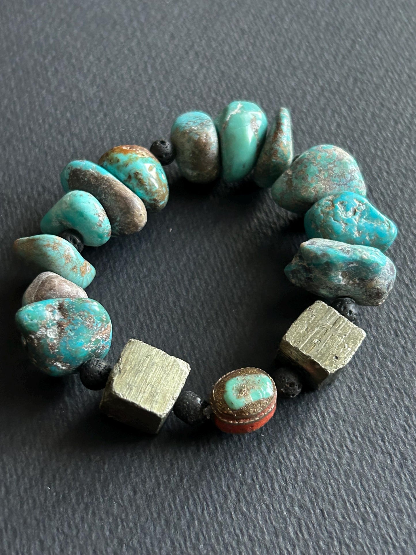 Turquoise & Pyrite Statement Bracelet | One-of-a-Kind Boho Unisex Jewelry | Lava Stone Accent | Handmade by Attrice