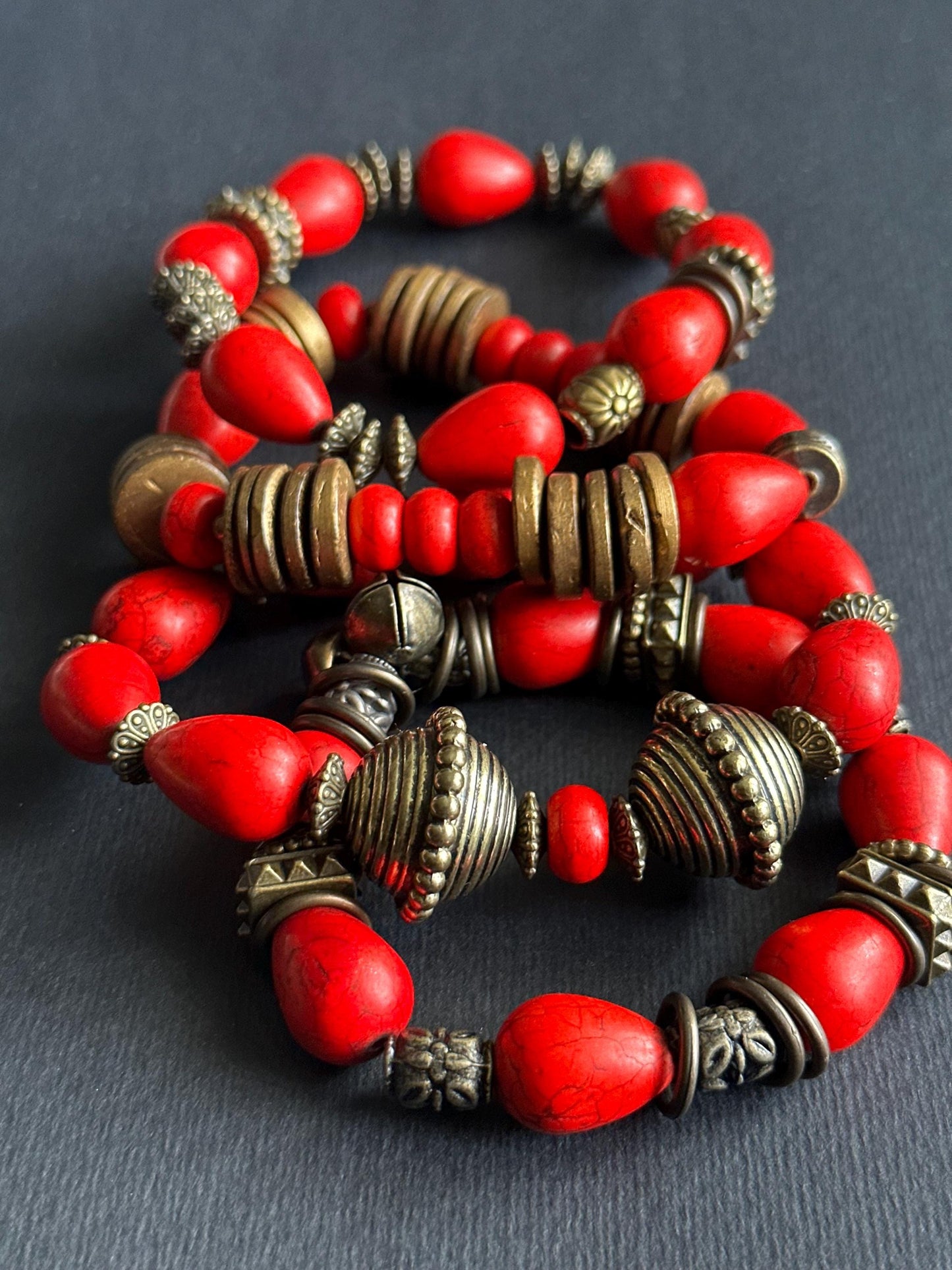 Red Teardrop Beaded Bracelet | Bronze Disc Boho Jewelry