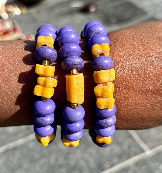 Purple and Gold Unisex Ceramic and Krobo Beaded Stackable Bracelets