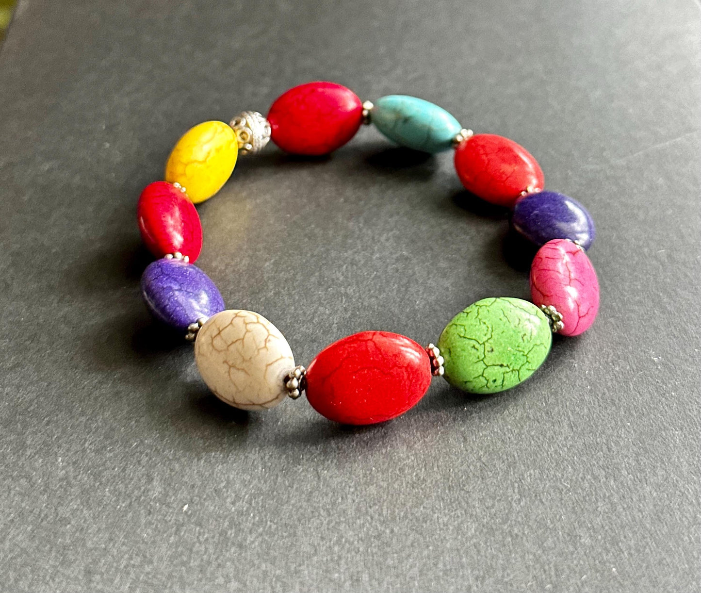 Multi-Color Oval Ceramic Beaded Bracelet | Silver Accents | Handmade by Attrice | Fun & Flirty | OOAK | 7.5"