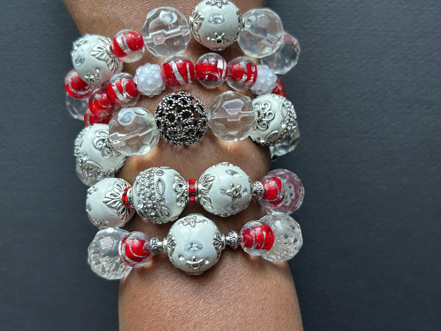 Handmade Beaded Stretch Bracelet | White, Red, & Silver Filigree