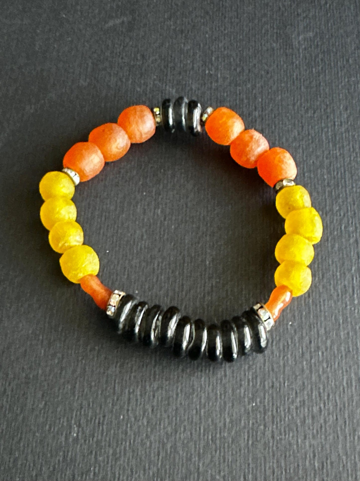 Brown Orange and Yellow Recycled African Glass Bead Bracelet | Boho Unisex Stretch Bracelet | Earthy Statement Jewelry
