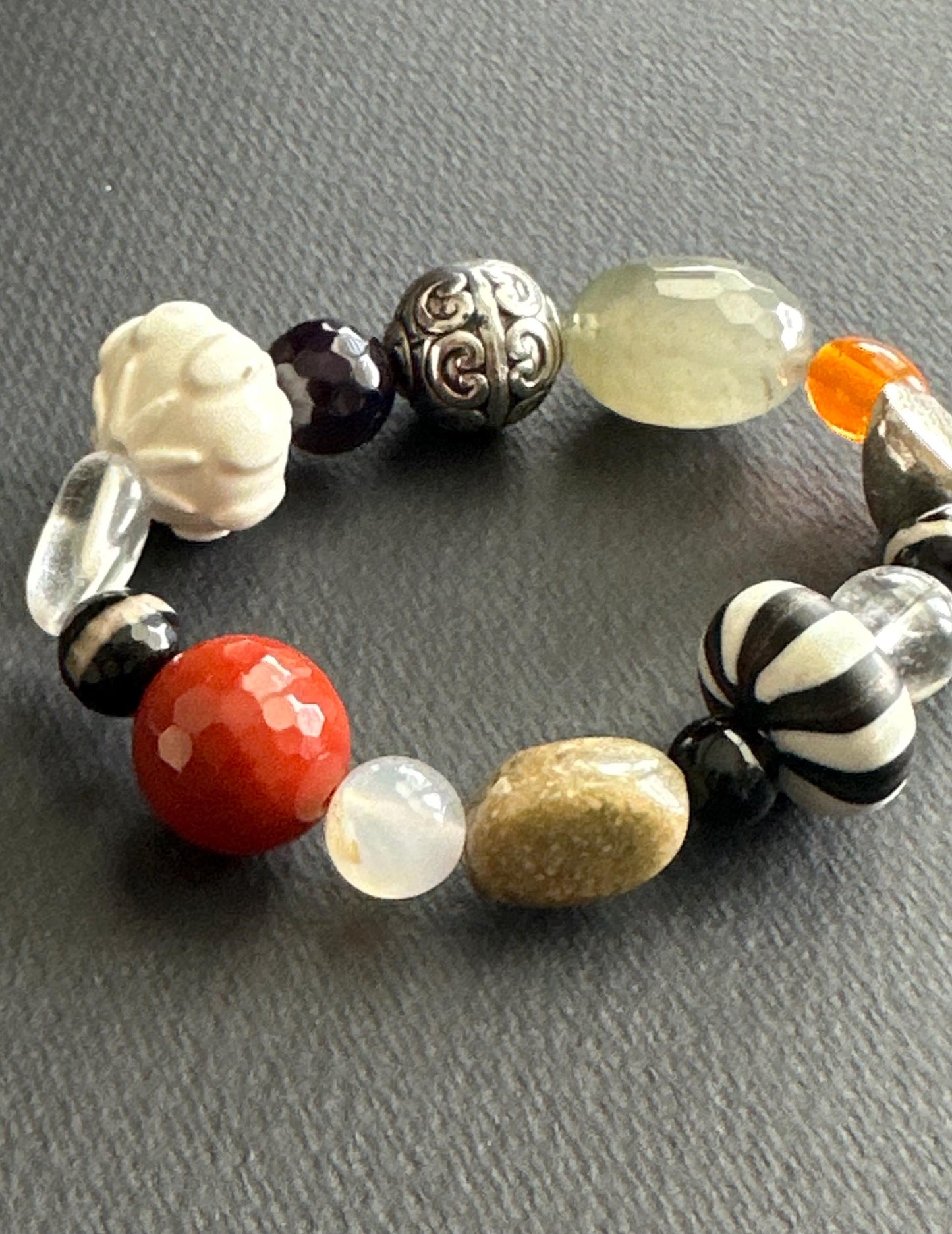 White, Orange, Green, Black & Silver Mixed Material Statement Bracelet – One of a Kind (OOAK