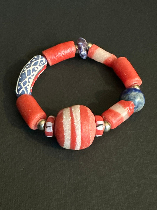 Red White and Blue Recycled African Glass Krobo Beaded Bracelet-Unisex