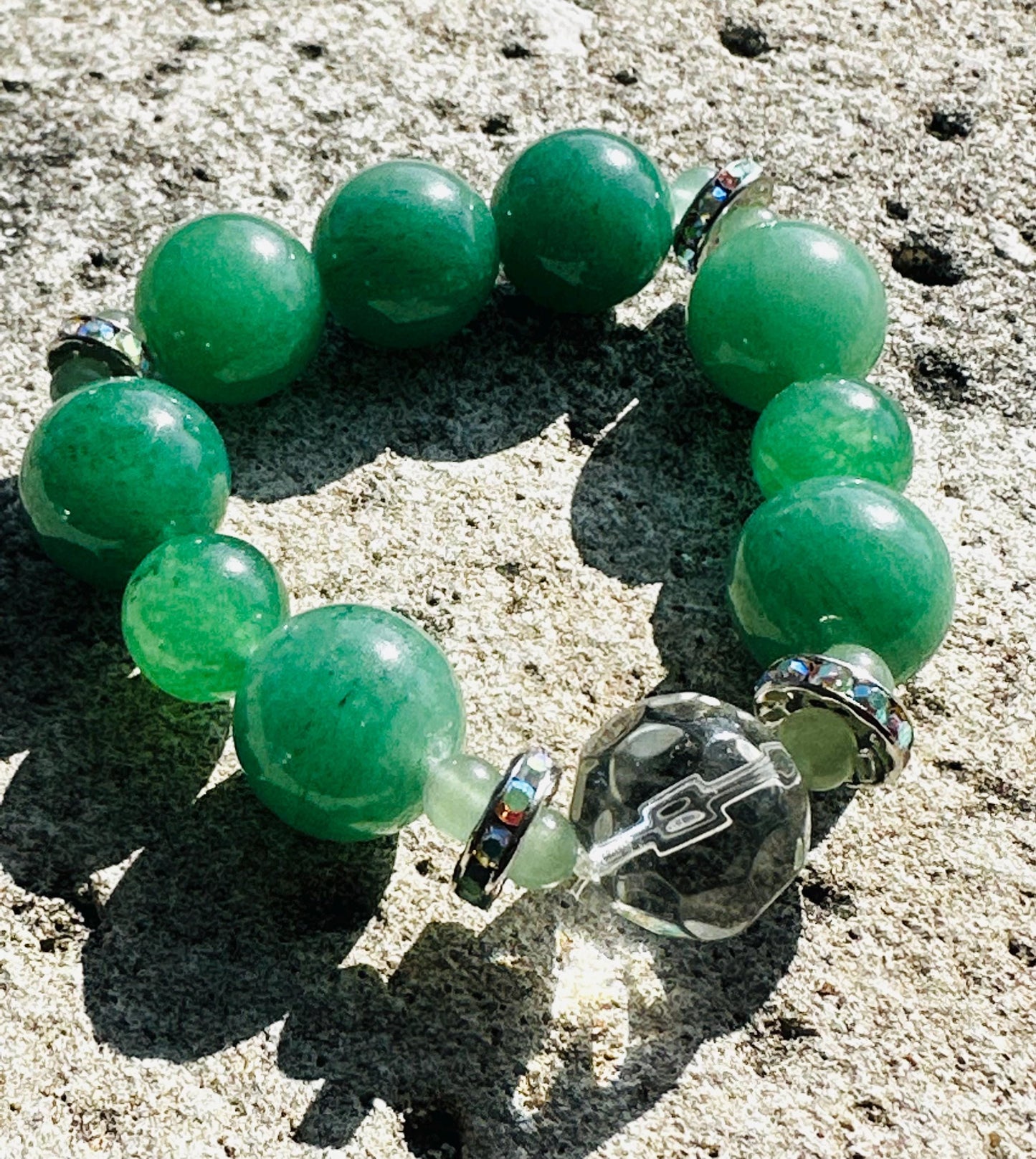 Chunky Green Aventurine Bracelet with Clear and Rhinestone Accent Beads