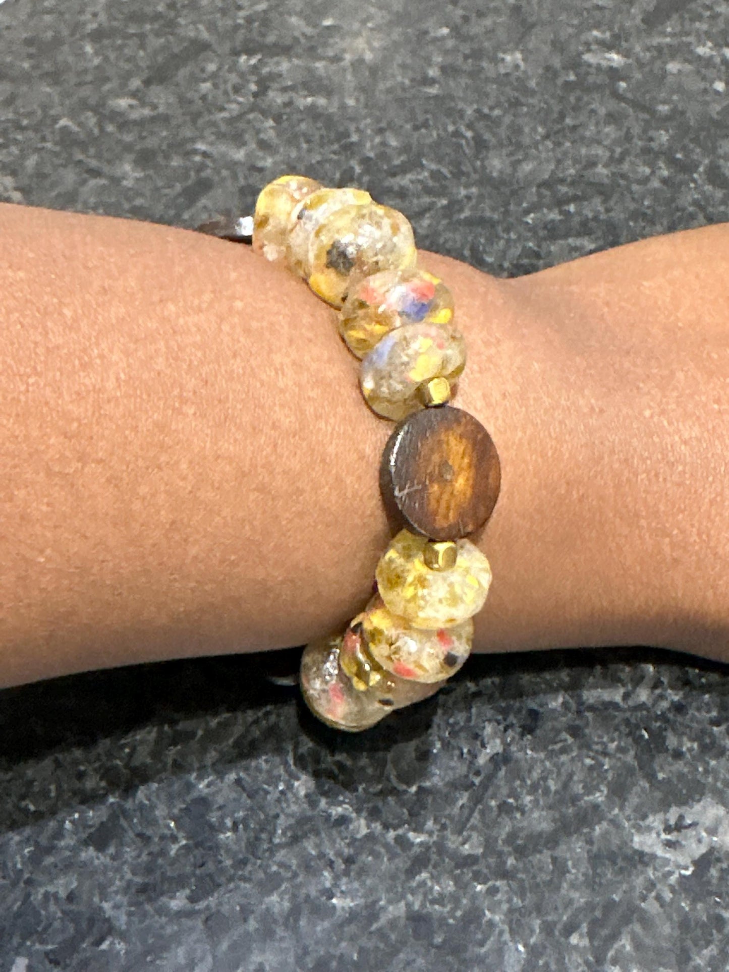 Yellow Recycled Glass Beaded Bracelet | Boho Wood Accent Jewelry