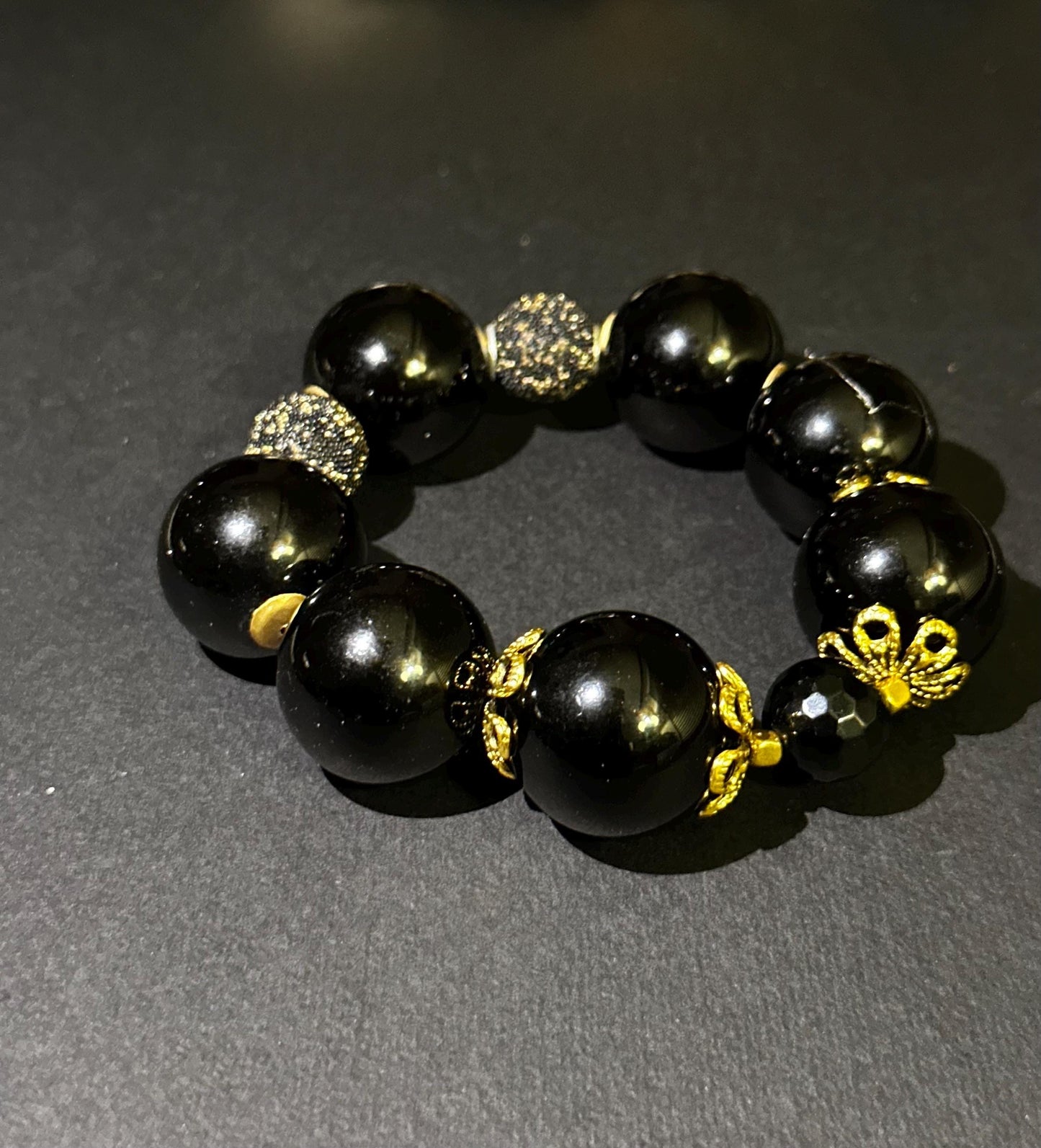 Handmade Chunky 24 mm Black Beads and Gold Unisex Beaded Statement Stretch Bracelet