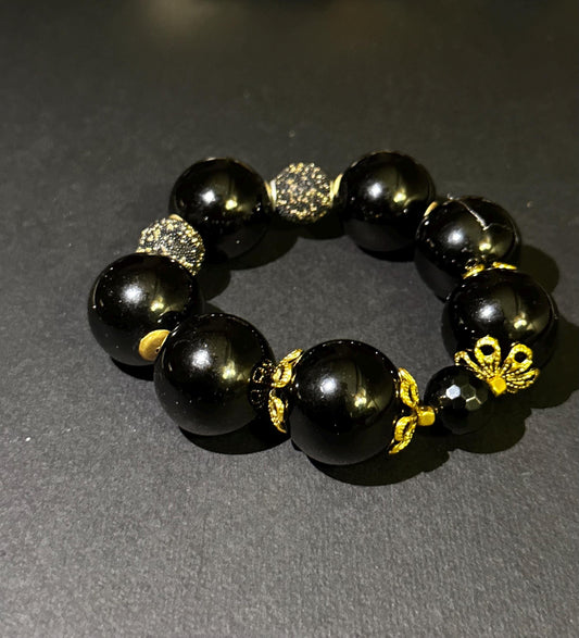 Handmade Chunky 24 mm Black Beads and Gold Unisex Beaded Statement Stretch Bracelet