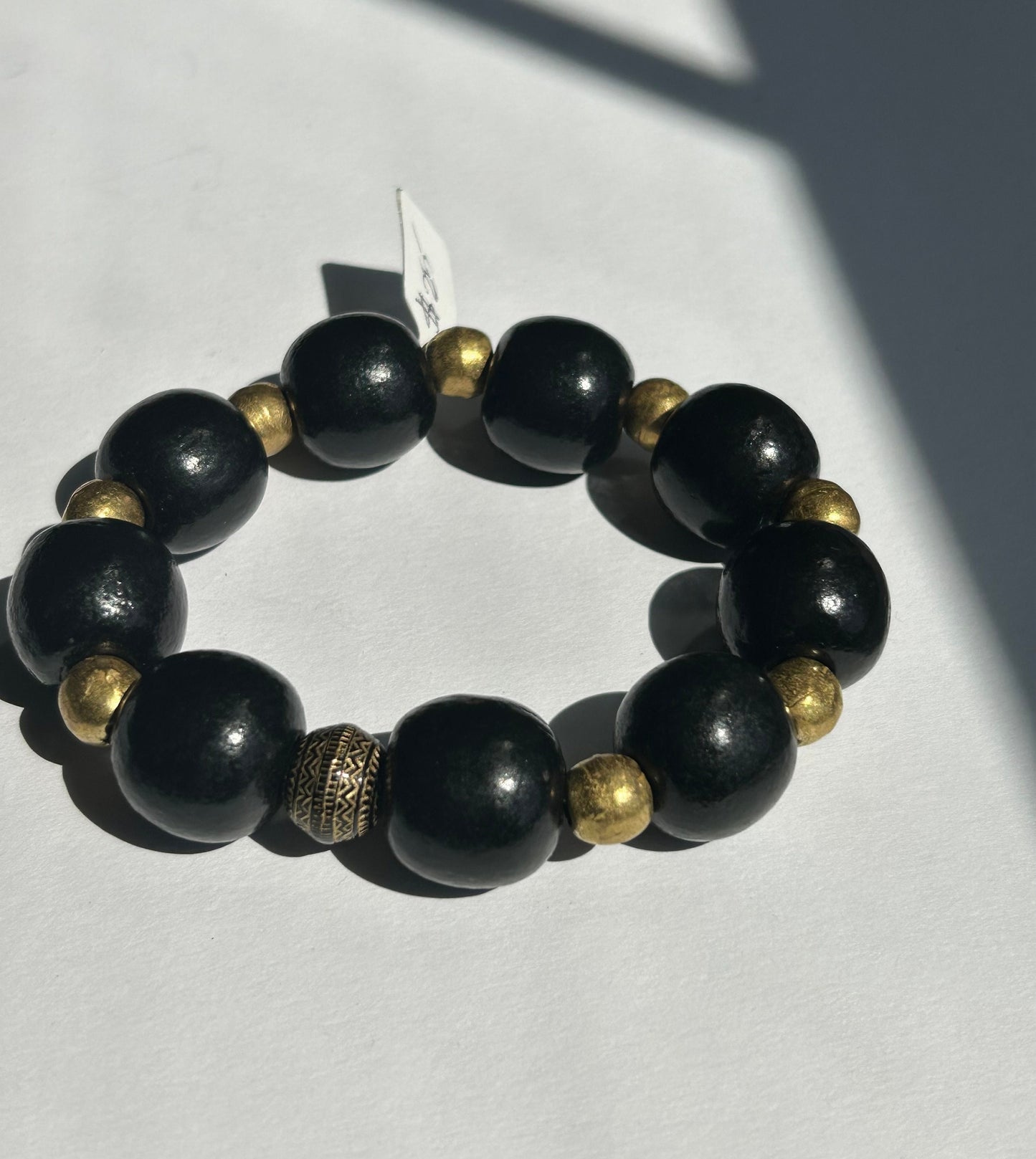 Black Wood Beaded Bracelet with Gold Accents