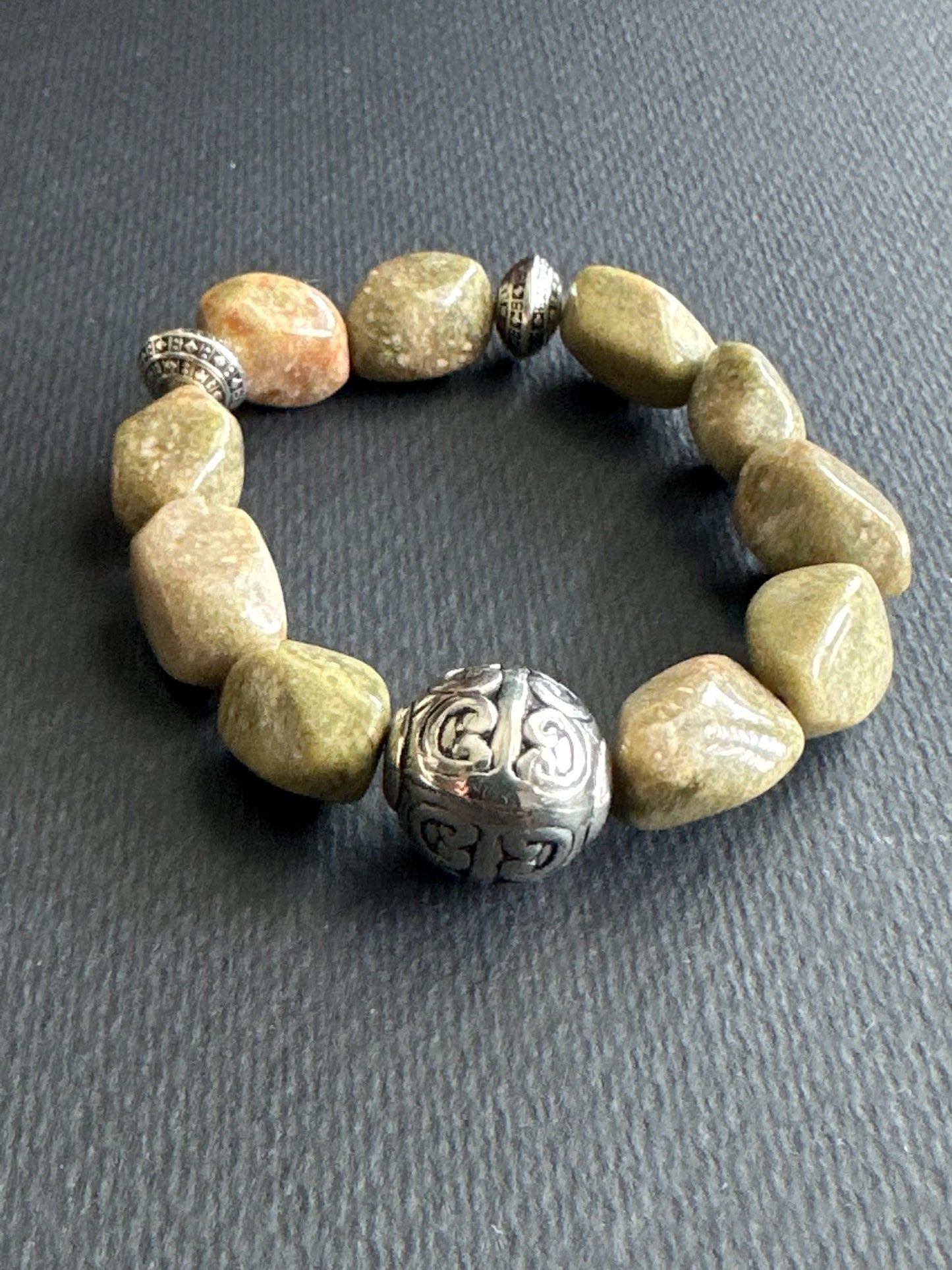 Earthtone Nugget Bracelet: Ornate Silver Focal, Handmade Gemstone Beads