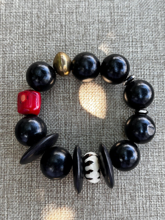Handmade Black Wood Bead Bracelet: Red Coral & Kenyan Bone Statement