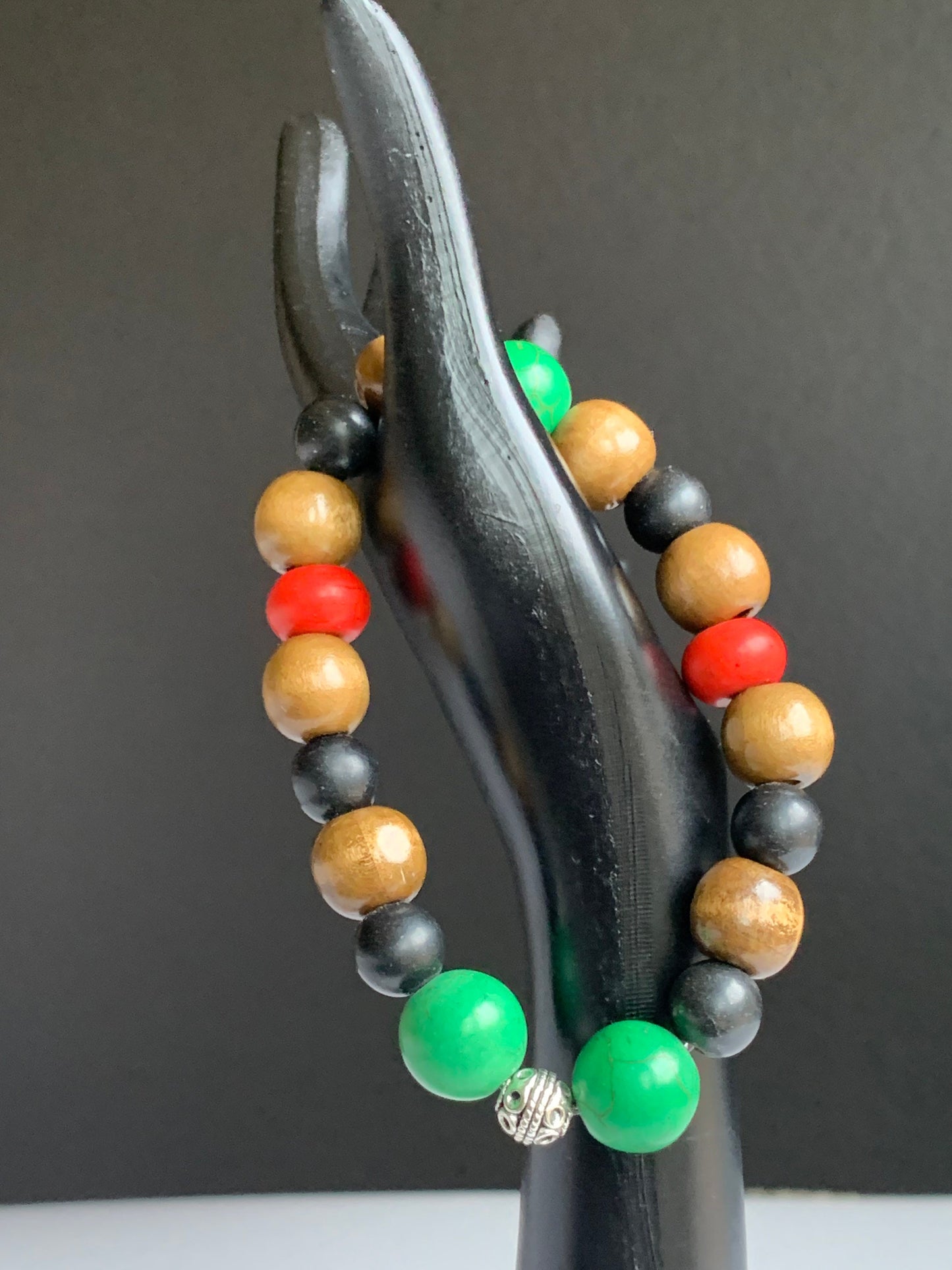 Unisex Brown, Red, Green, and Black Bohemian Wood Beaded Bracelet for Men and Women