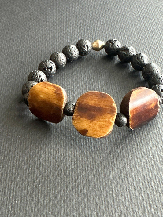 Kenyan Wood & Lava Stone Bracelet: Silver Ethiopian Accents