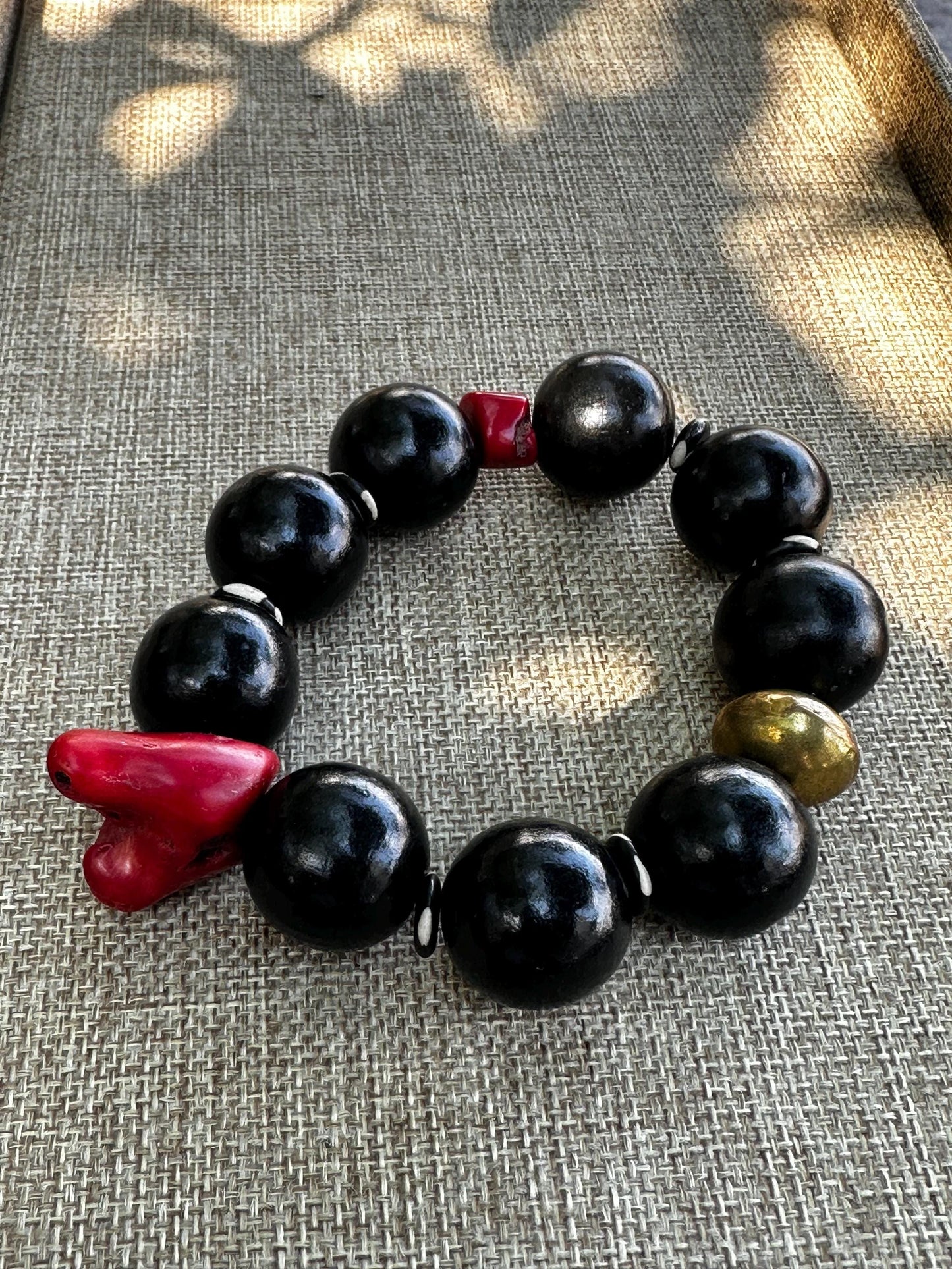 Handmade Black and Red Coral Beaded Statement Stretch Bracelet