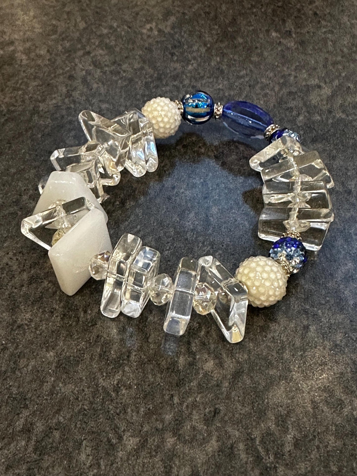 Handmade Blue Art Glass Bracelet • Acrylic Geometric Beads, Pearl Accents