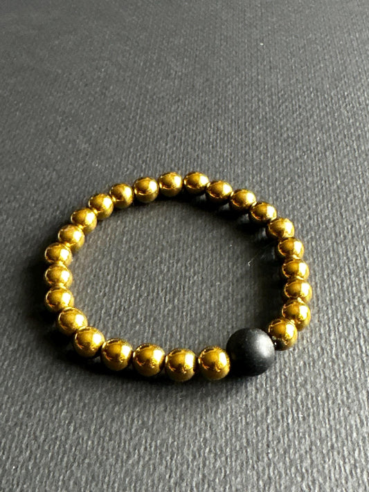 Hematite Stackable Unisex Bracelet with Black Single Focal Bead