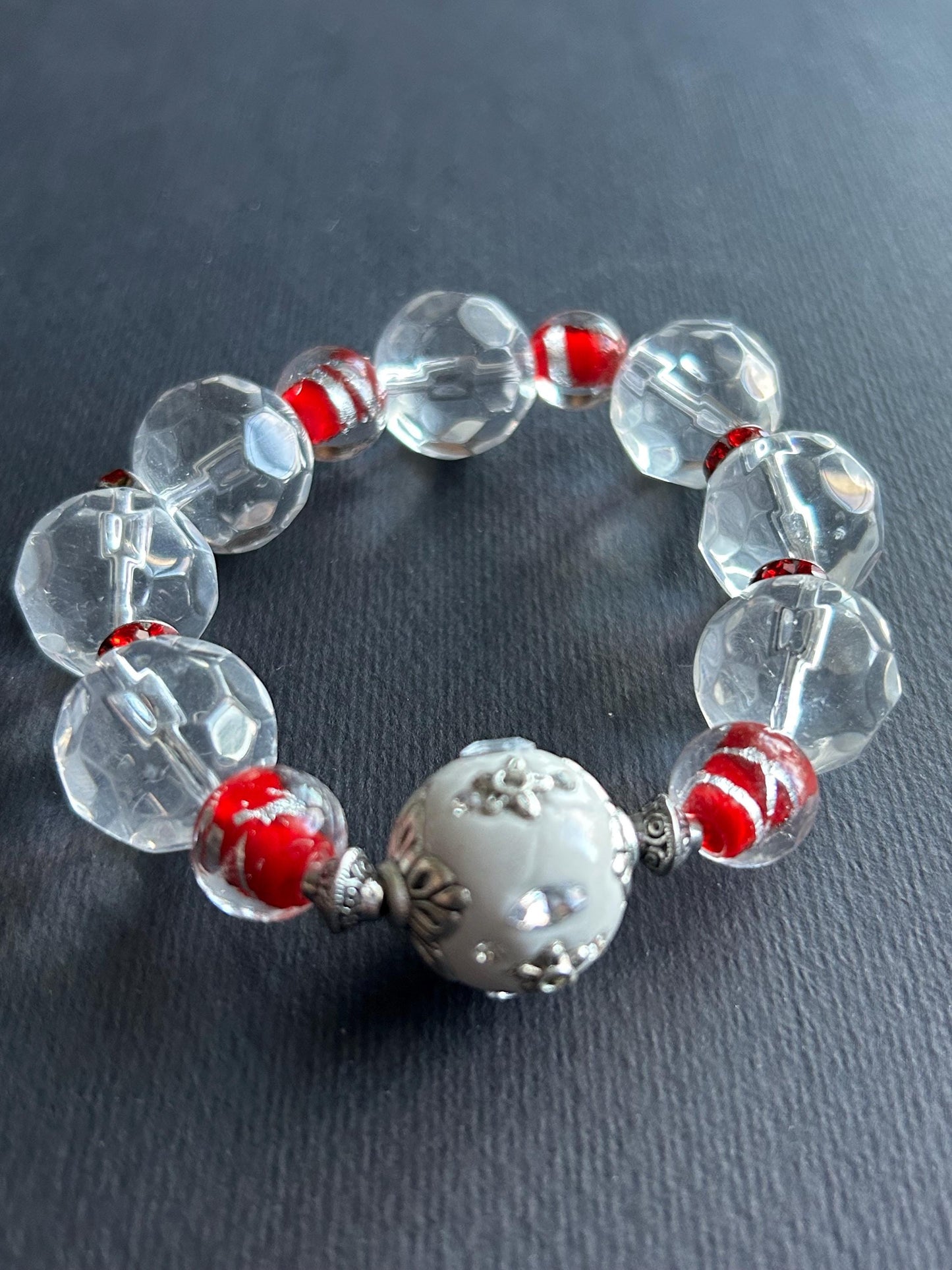 Handmade Beaded Stretch Bracelet | White, Red, & Silver Filigree