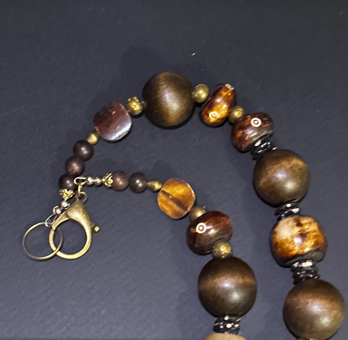 Brown (24 mm) Wooden Beads and with Bone and  Brass Sundial  Beaded Necklace