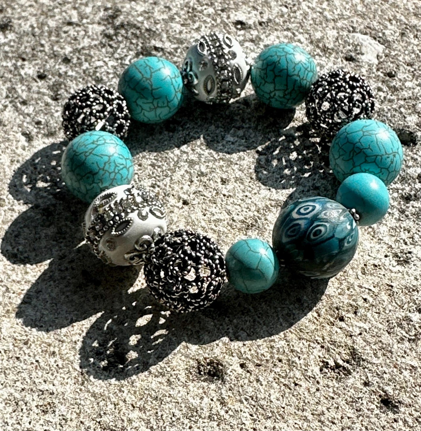 Turquoise Howlite Beaded Bracelet with Embellished White and Silver Metal Beads