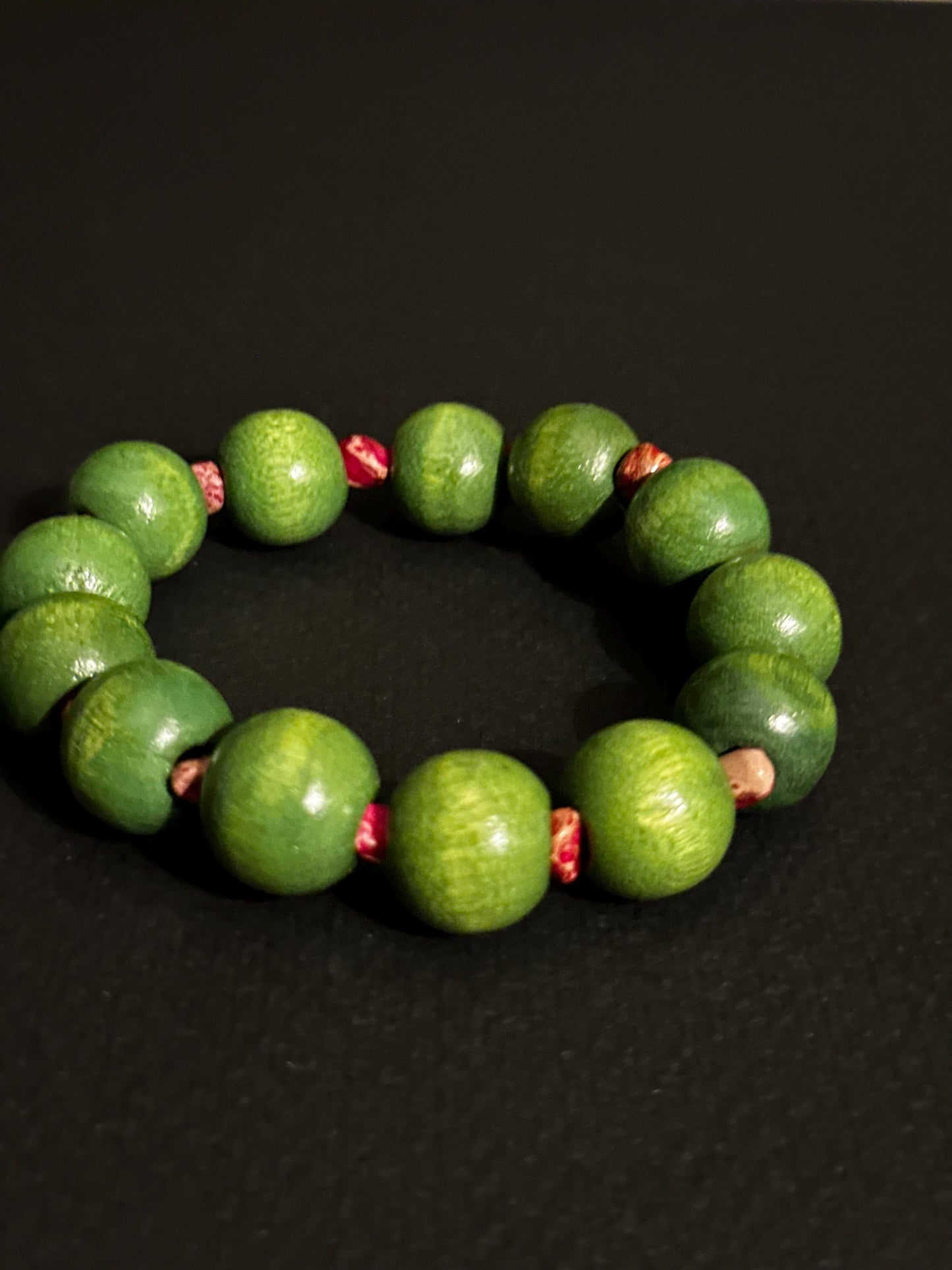 Pink Wood and Green Ceramic Bracelet | Handmade Jewelry | Beaded Bracelet by Trecie’s Shoppe