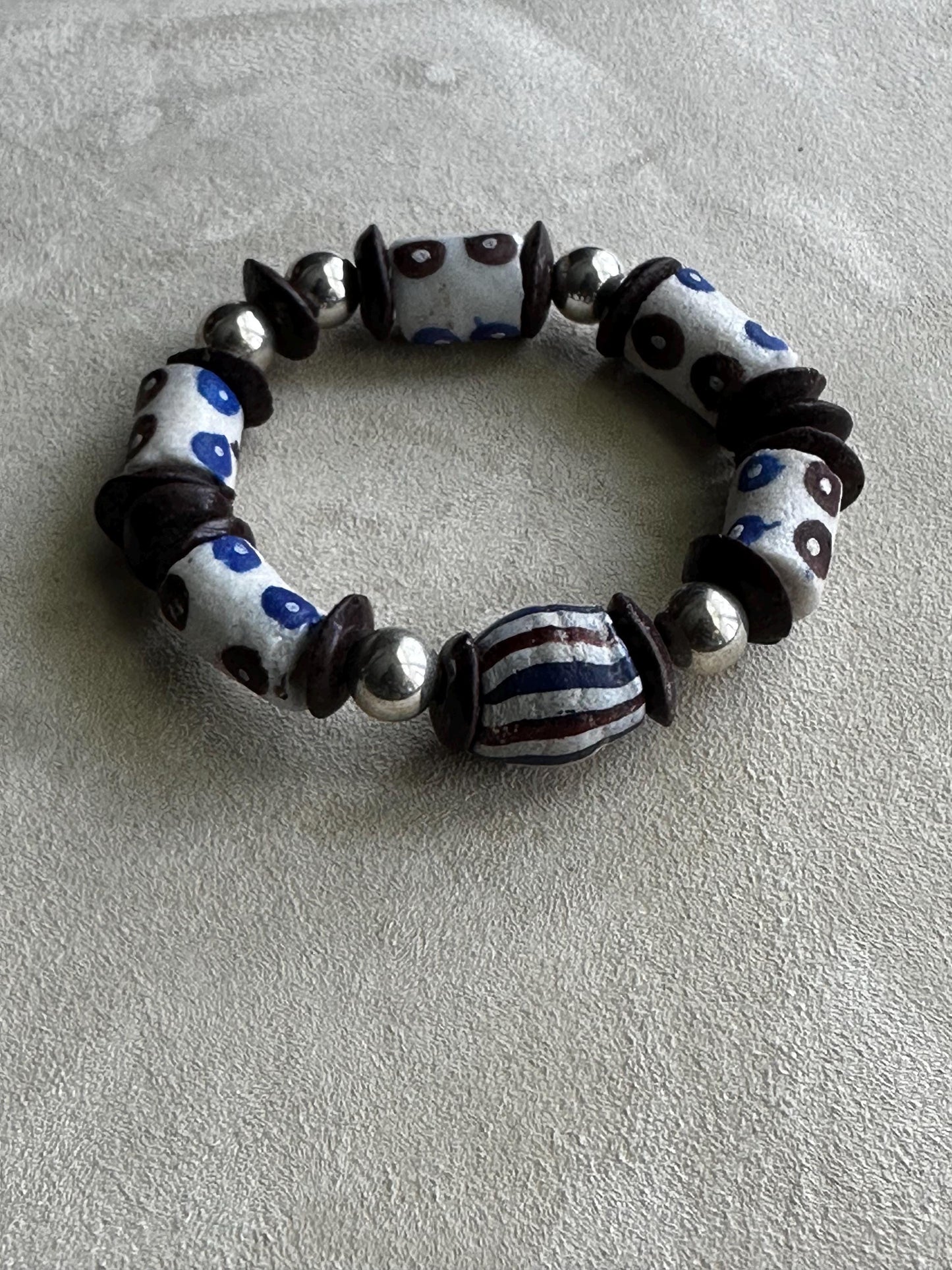 African Recycled Glass Bead Bracelet: Blue Brown Polka Dot Krobo, Unisex Boho
