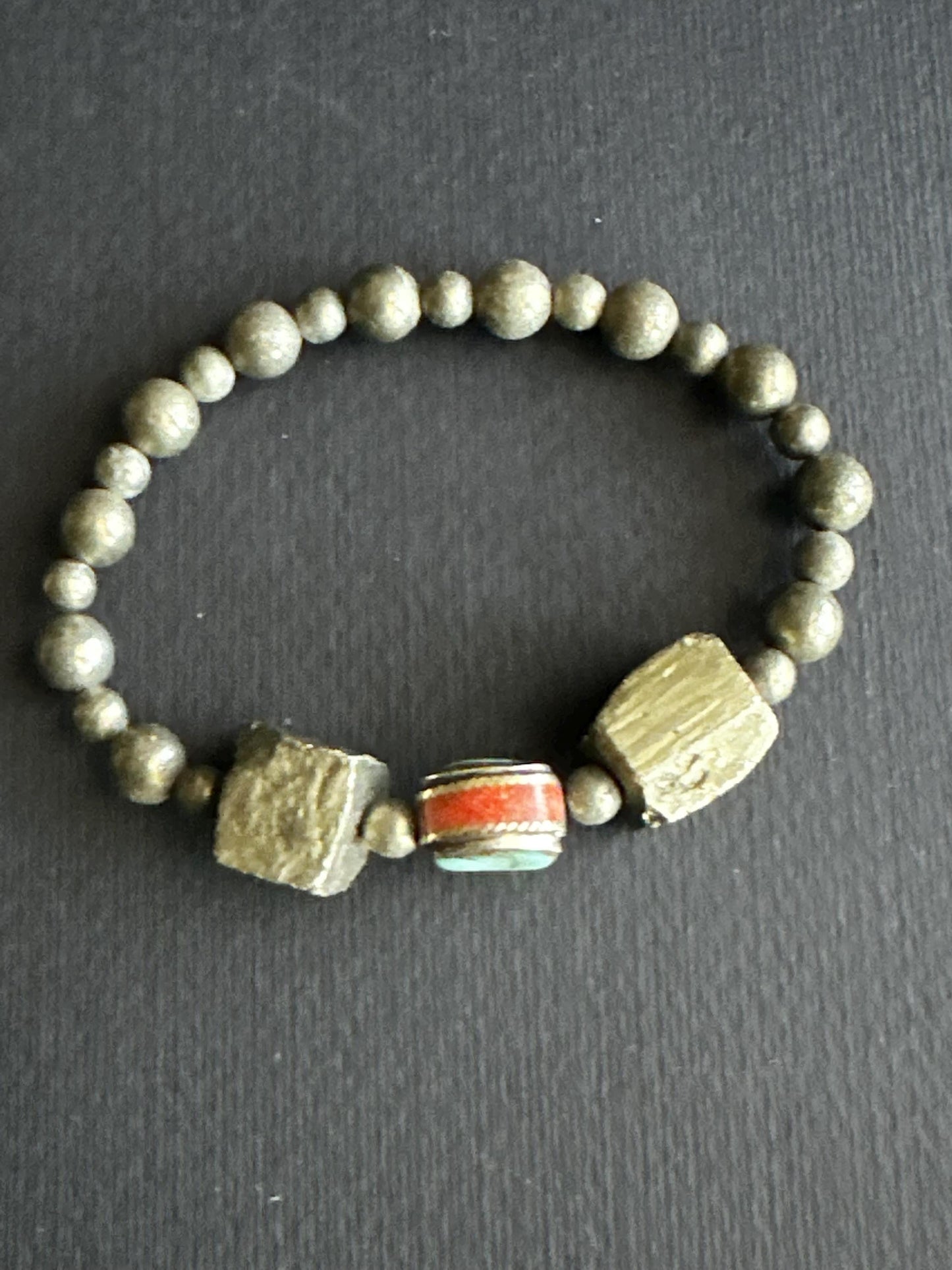 Boho Unisex Bracelet Stack | Pyrite Cube & Turquoise Beads | Handmade One of a Kind Stretch Bracelets