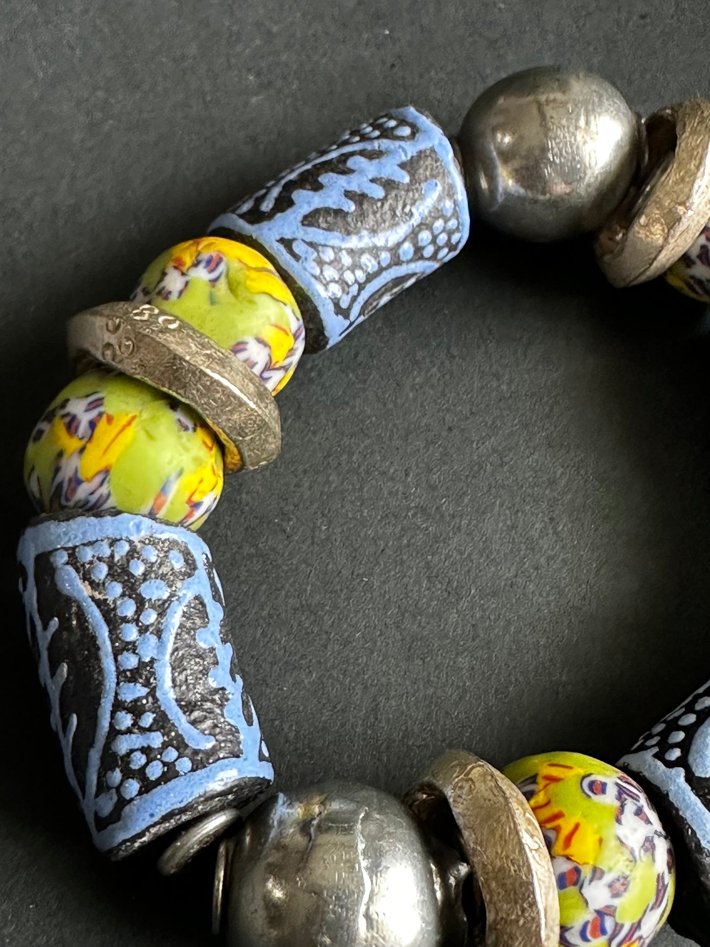 African Trade Bead Bracelet | Handcrafted Unisex Ethnic Bracelet | Blue Engraved Tube Beads, Yellow Millefiori Glass, Rustic Metal Accents |