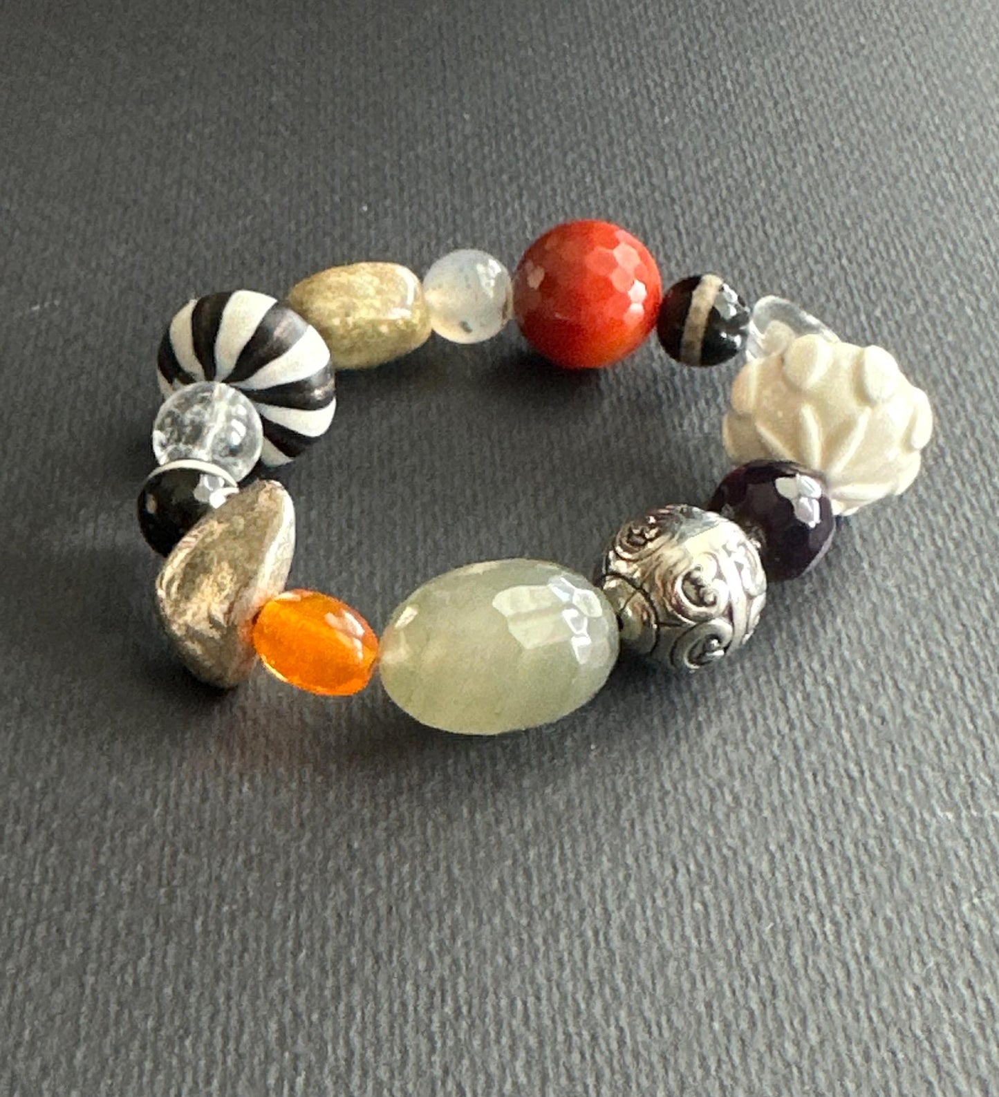 White, Orange, Green, Black & Silver Mixed Material Statement Bracelet – One of a Kind (OOAK