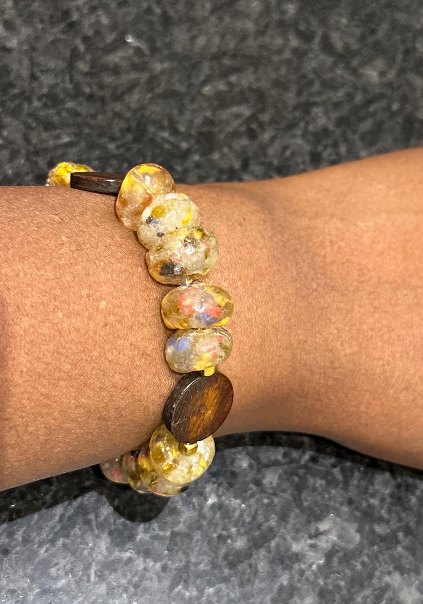 Yellow Recycled Glass Beaded Bracelet | Boho Wood Accent Jewelry
