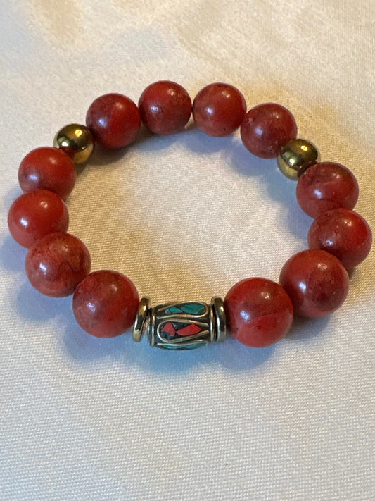 Red Ceramic Beaded Bracelet with Inlaid Nepali Brass Beads and Hematite Spacer Beads