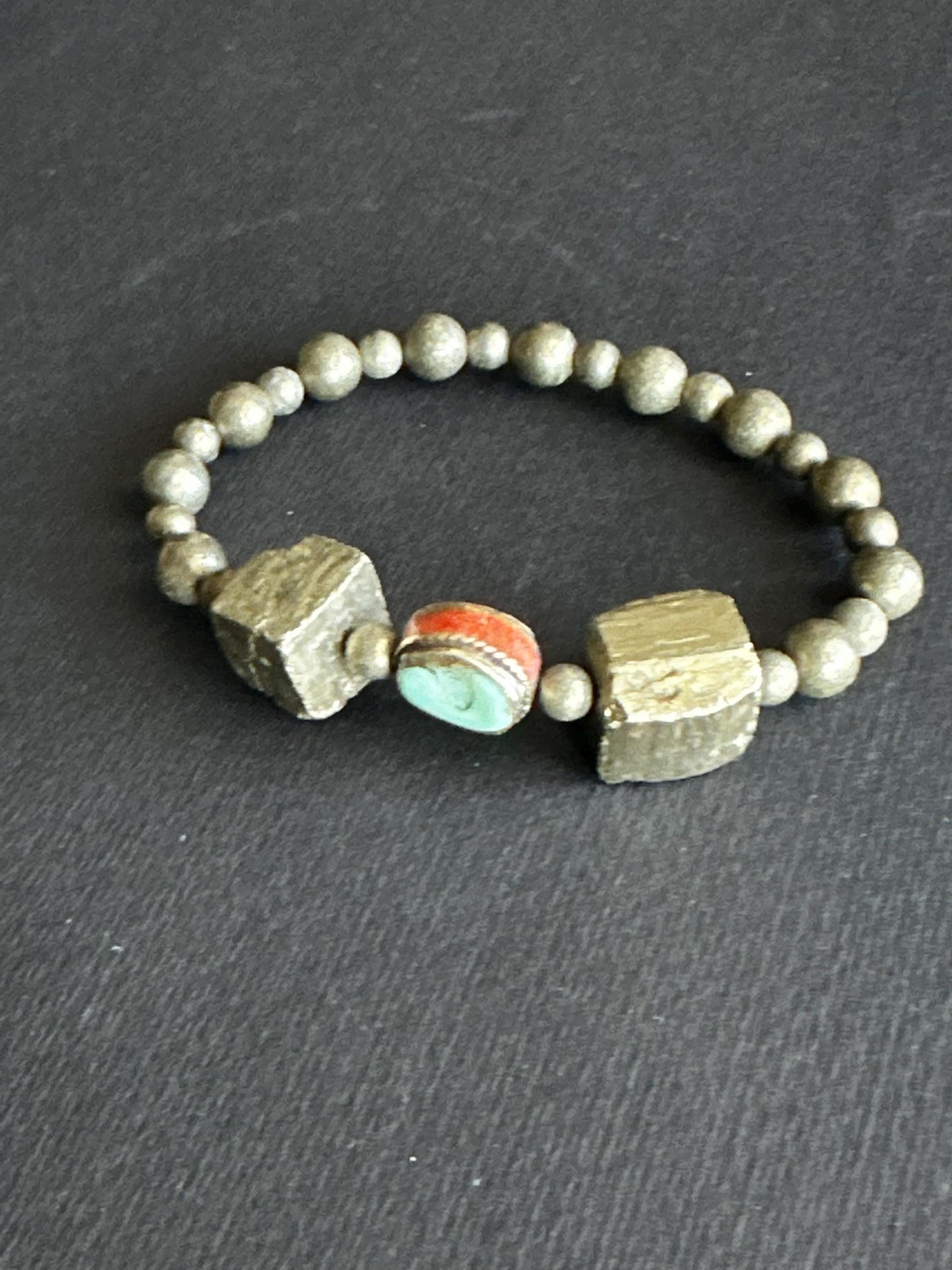 Boho Unisex Bracelet Stack | Pyrite Cube & Turquoise Beads | Handmade One of a Kind Stretch Bracelets