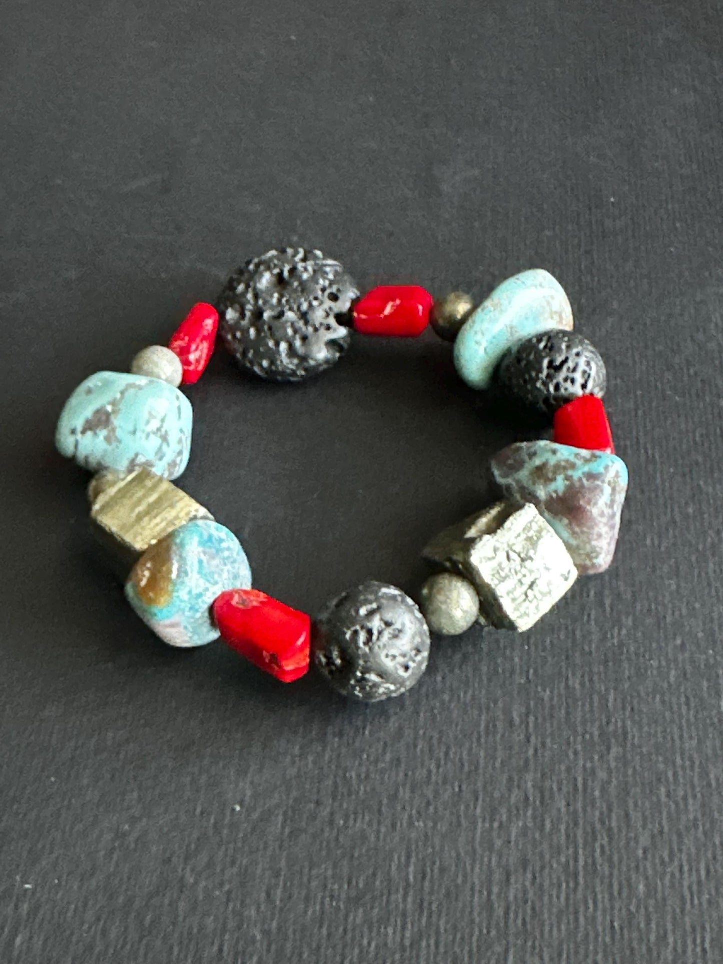 Boho Lava & Turquoise Beaded Bracelet | Pyrite Accent, Handmade
