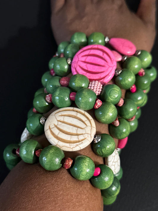 Pink Wood and Green Ceramic Bracelet | Handmade Jewelry | Beaded Bracelet by Trecie’s Shoppe