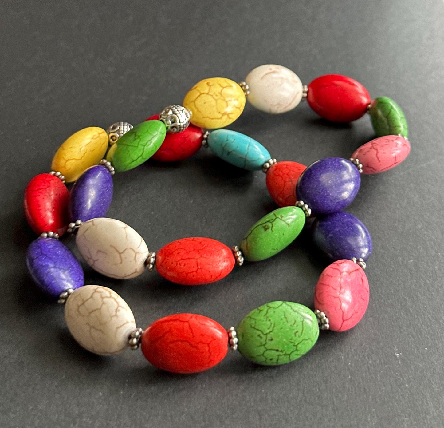 Multi-Color Oval Ceramic Beaded Bracelet | Silver Accents | Handmade by Attrice | Fun & Flirty | OOAK | 7.5"