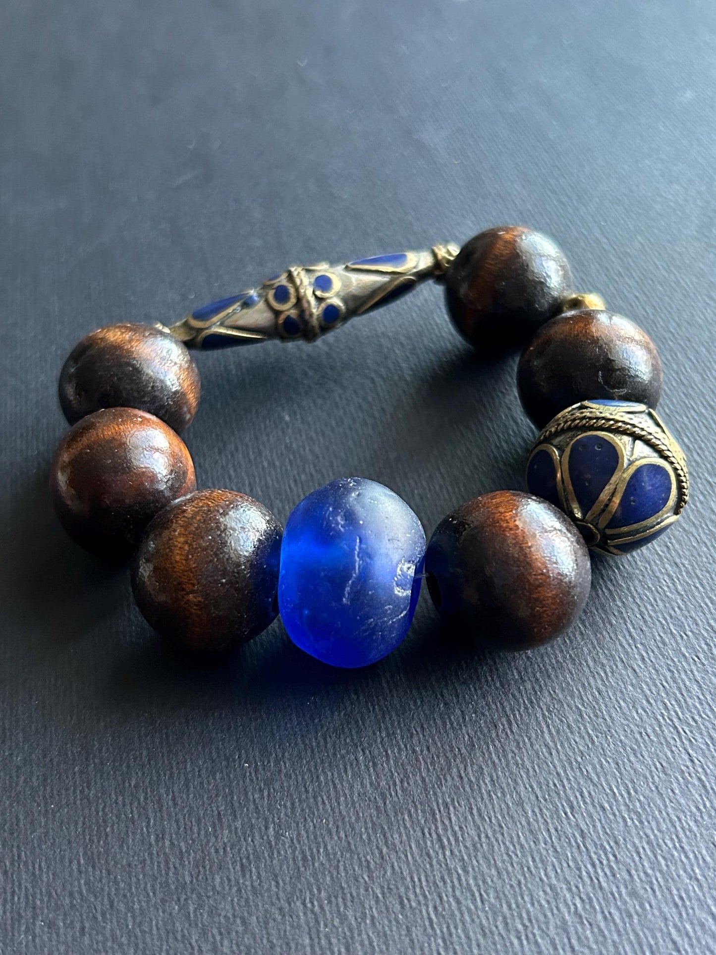 Large Brown Wood Unisex Beaded Bracelet with Gold Matte Agate Beads