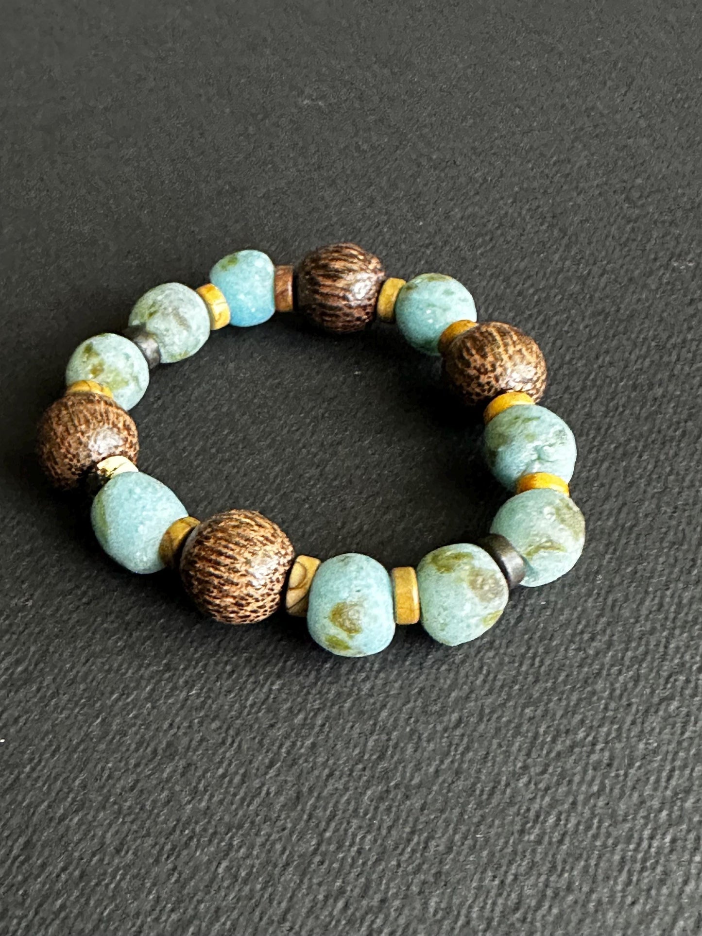 Ocean Earth | Turquoise Recycled Glass Bracelet with Wood  Beads | Unisex | Handmade by Attrice