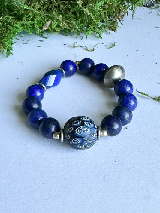 Strength and Courage Layers of Lapis Unisex Bracelet with Jatim Java Focal Bead