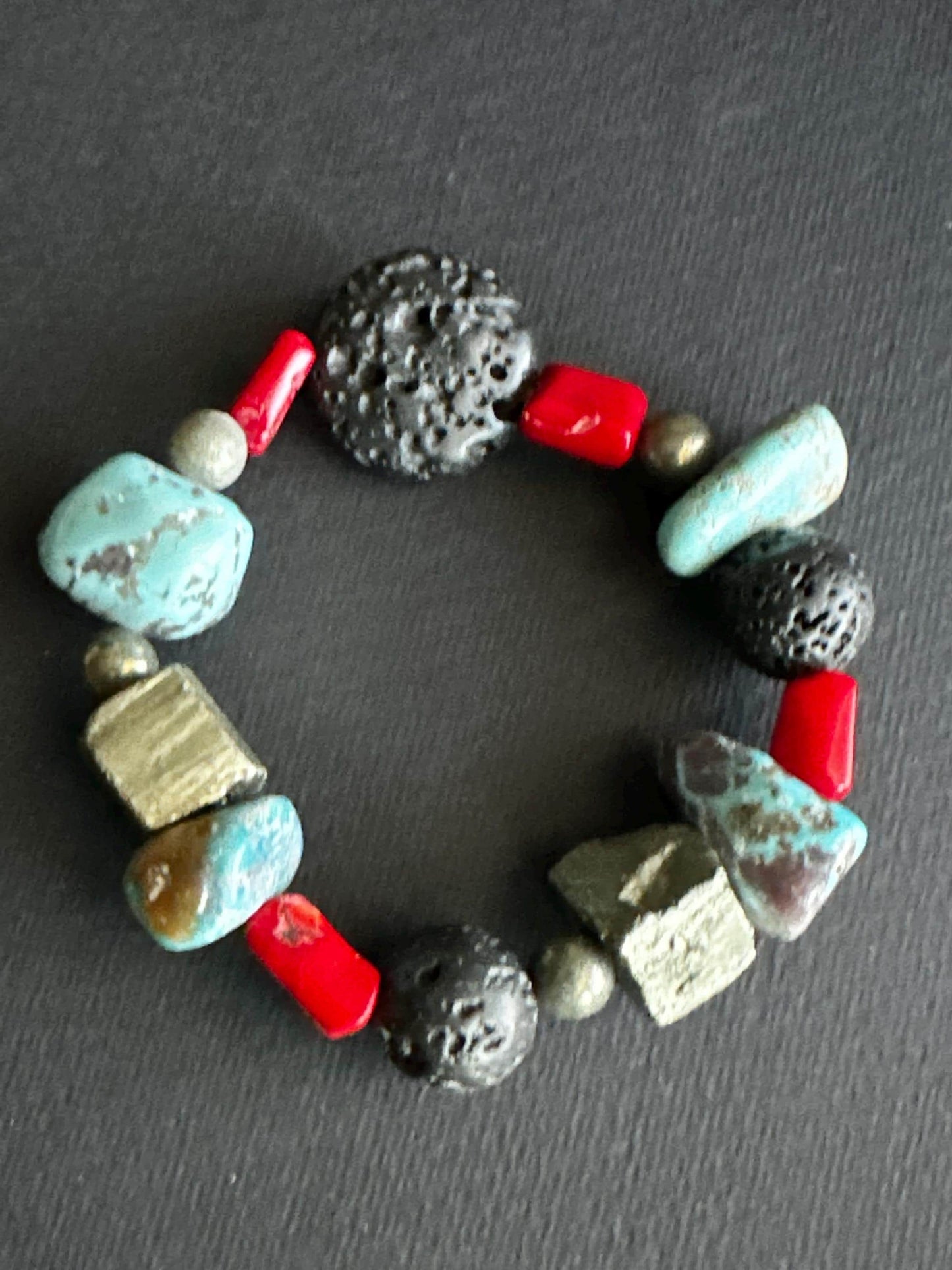 Boho Lava & Turquoise Beaded Bracelet | Pyrite Accent, Handmade