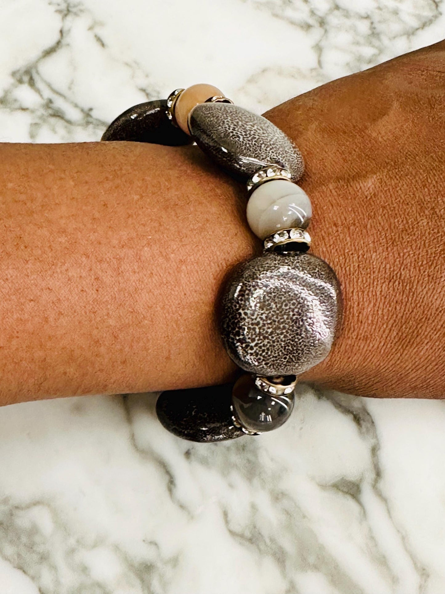 Smokey Ceramic and Agate Beaded Bracelet with Metal Accents | Handmade Natural Stone Jewelry