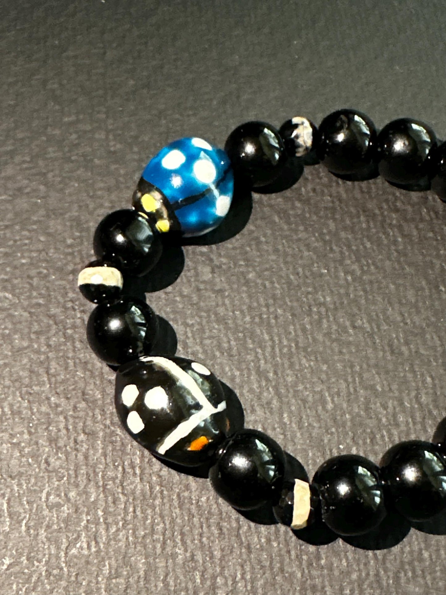 Ladybug Beaded Bracelet: Black, White & Blue Glass Ceramic - 7.5"