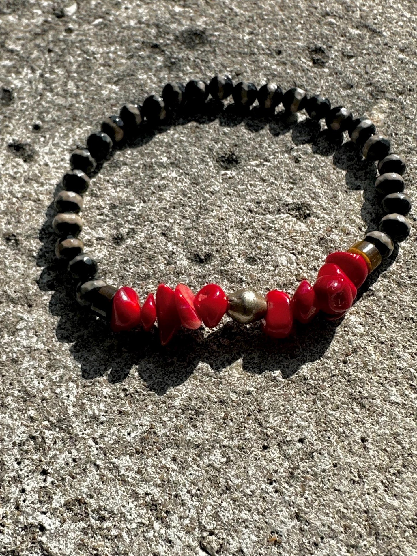 Agate & Red Coral Beaded Bracelet, Unisex Silver Accent