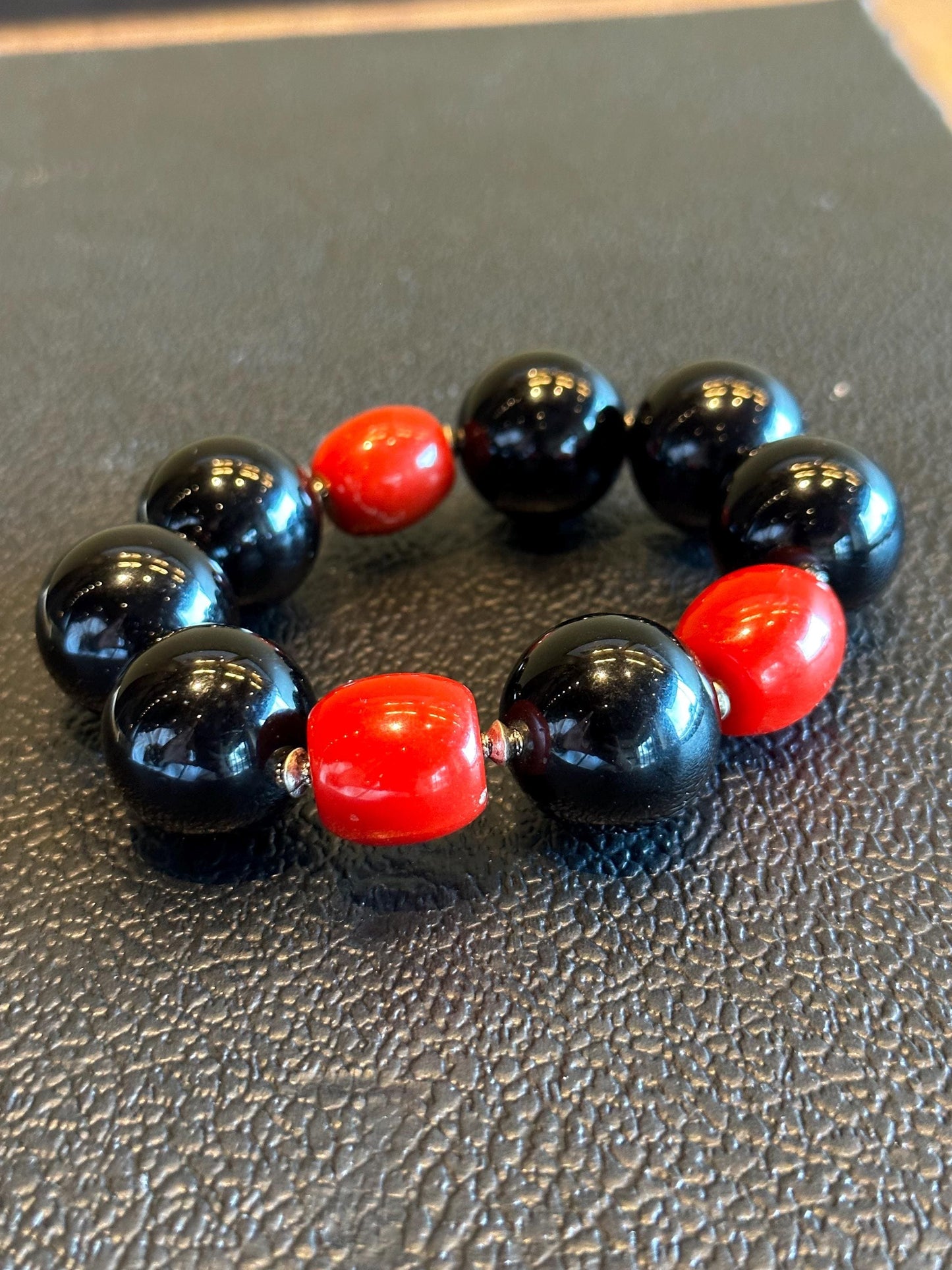 Handmade Black and Red Unisex Beaded Statement Stretch Bracelet