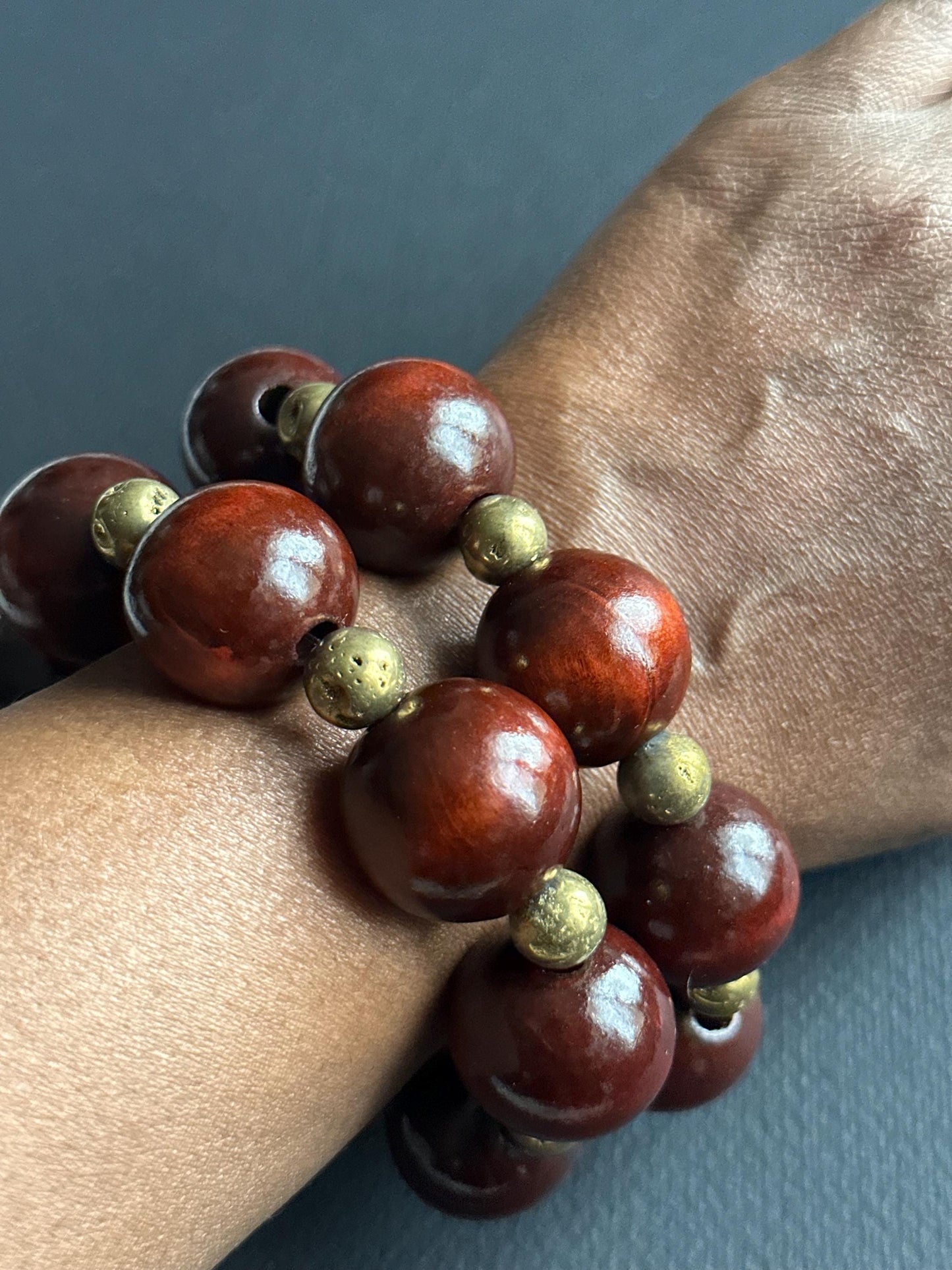 Large Brown Wood Unisex Beaded Bracelet with Gold Matte Agate Beads