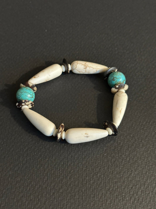 Perfect for Spring Turquoise Colored/ Brown - Cream  Beaded Bracelet