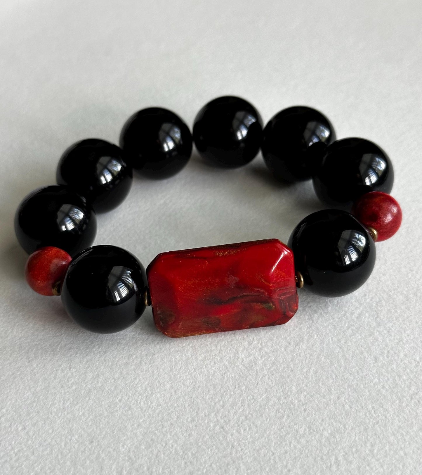 Handmade Black and Red Beaded Statement Stretch Bracelet
