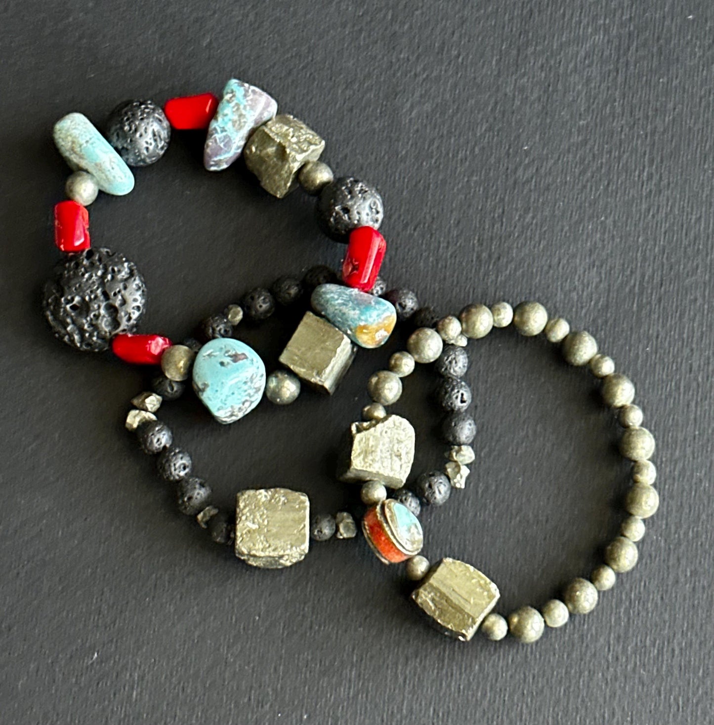 Boho Lava & Turquoise Beaded Bracelet | Pyrite Accent, Handmade