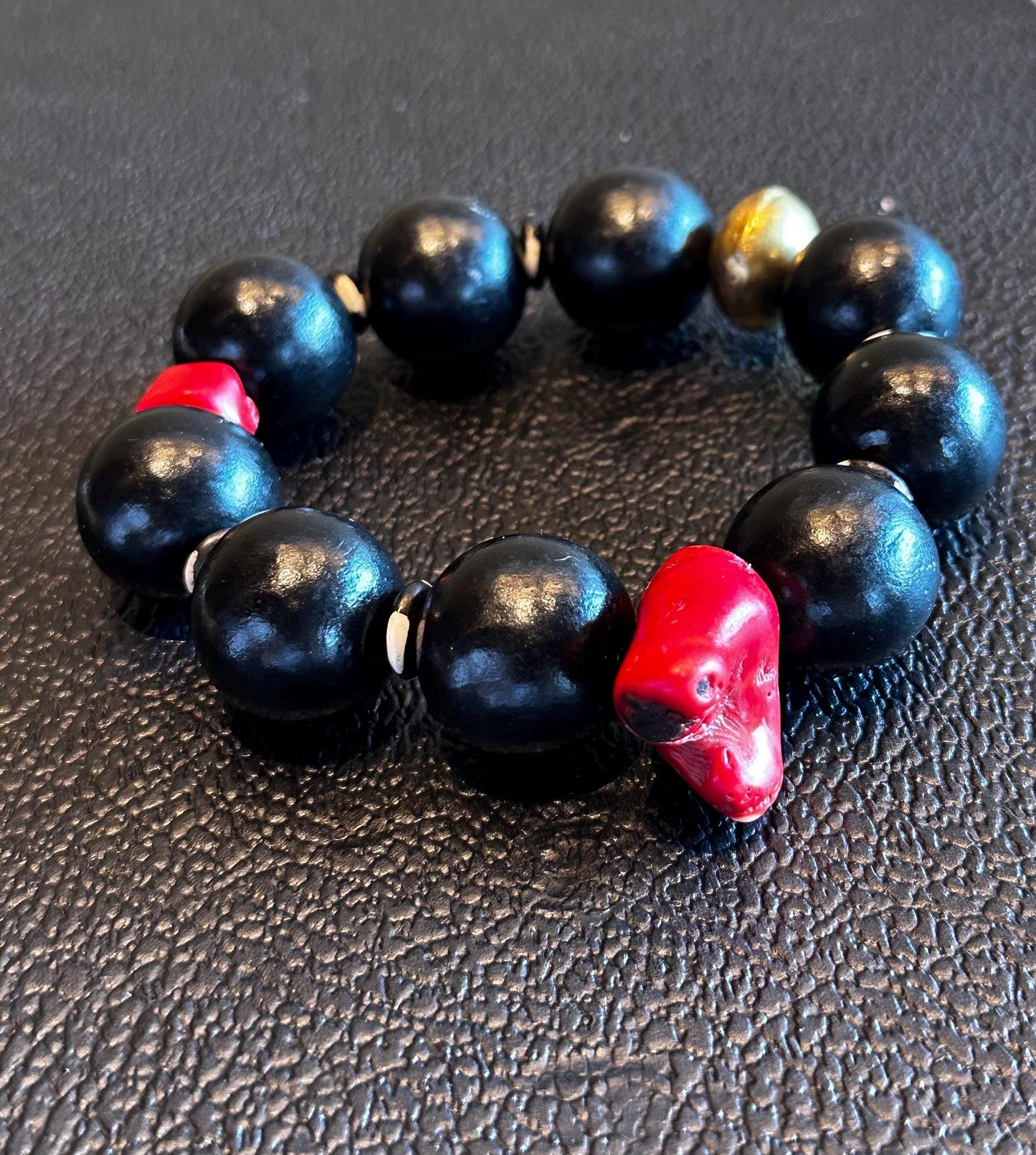 Handmade Black and Red Coral Beaded Statement Stretch Bracelet