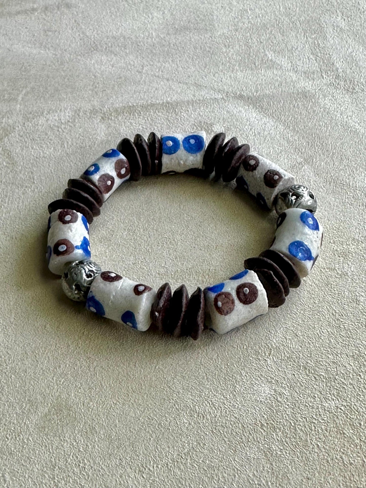 African Recycled Glass Bead Bracelet: Blue Brown Polka Dot Krobo, Unisex Boho