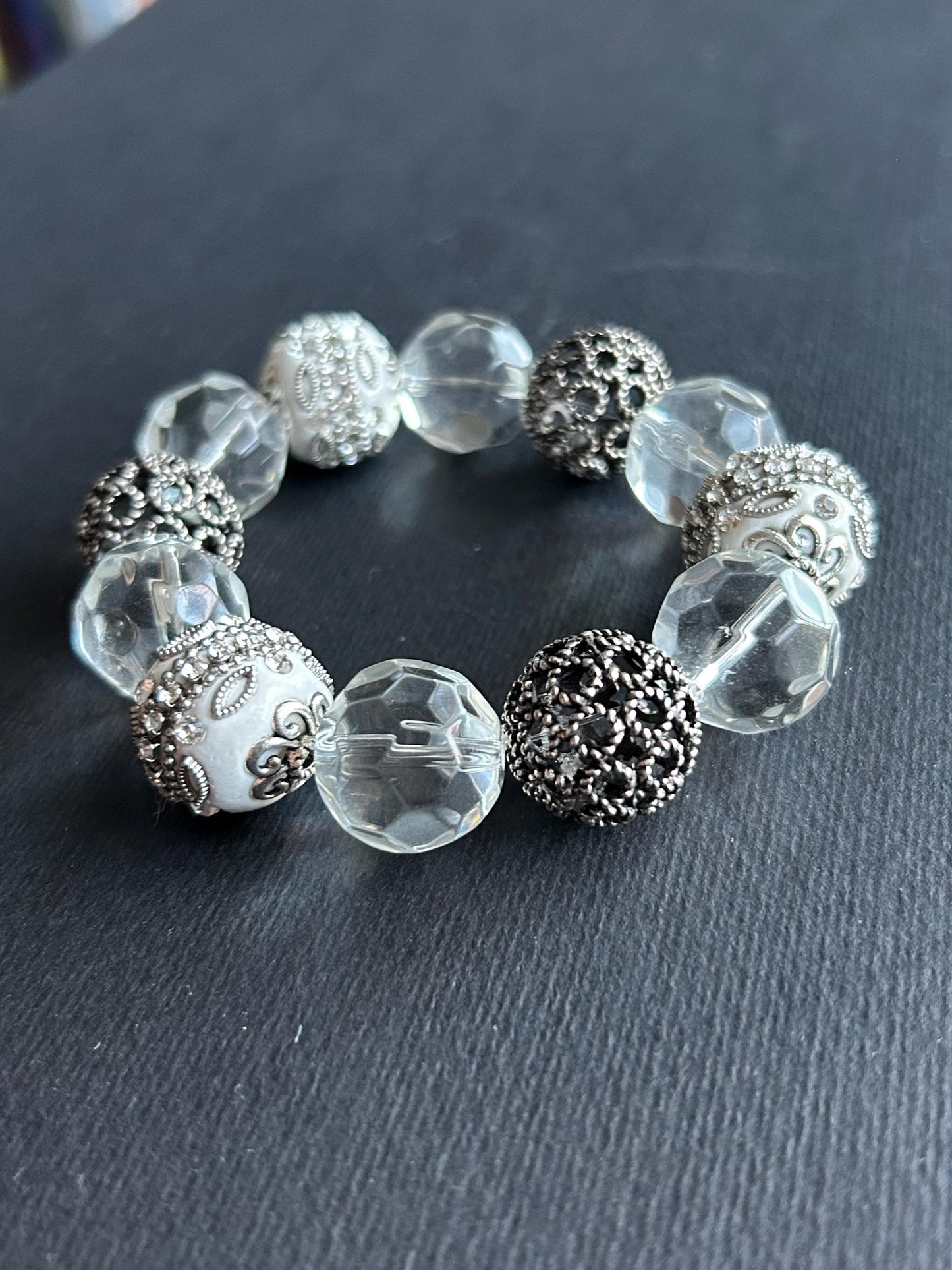 Handmade Beaded Stretch Bracelet | White, Red, & Silver Filigree