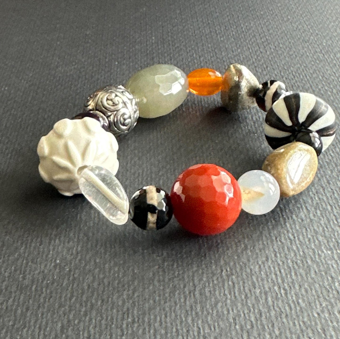 White, Orange, Green, Black & Silver Mixed Material Statement Bracelet – One of a Kind (OOAK